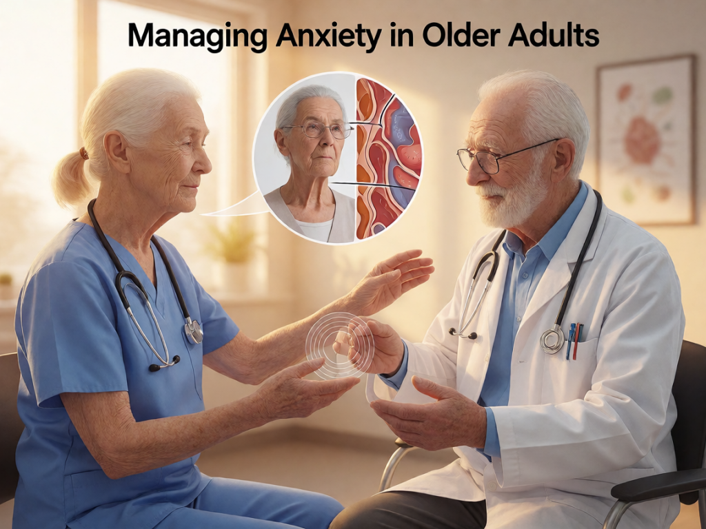 Senior health guide about Managing Anxiety in - medical illustration