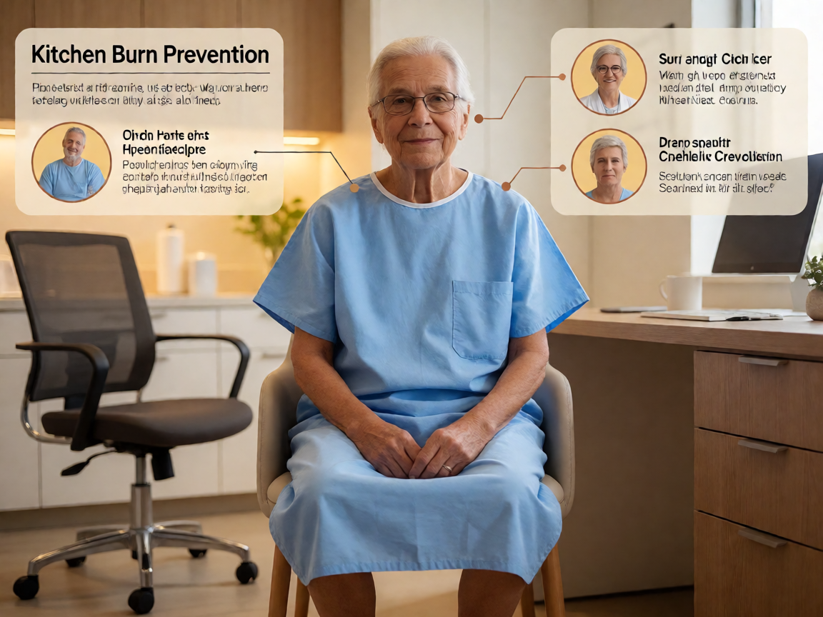 Senior health guide about Kitchen Burn Prevention - medical illustration
