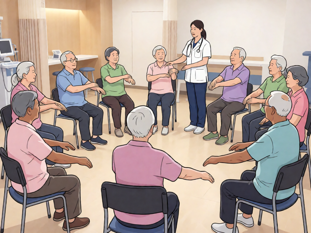 Senior health guide about Group Exercise Classes - medical illustration