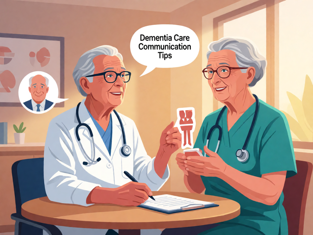Senior health guide about Dementia Care Communication - medical illustration