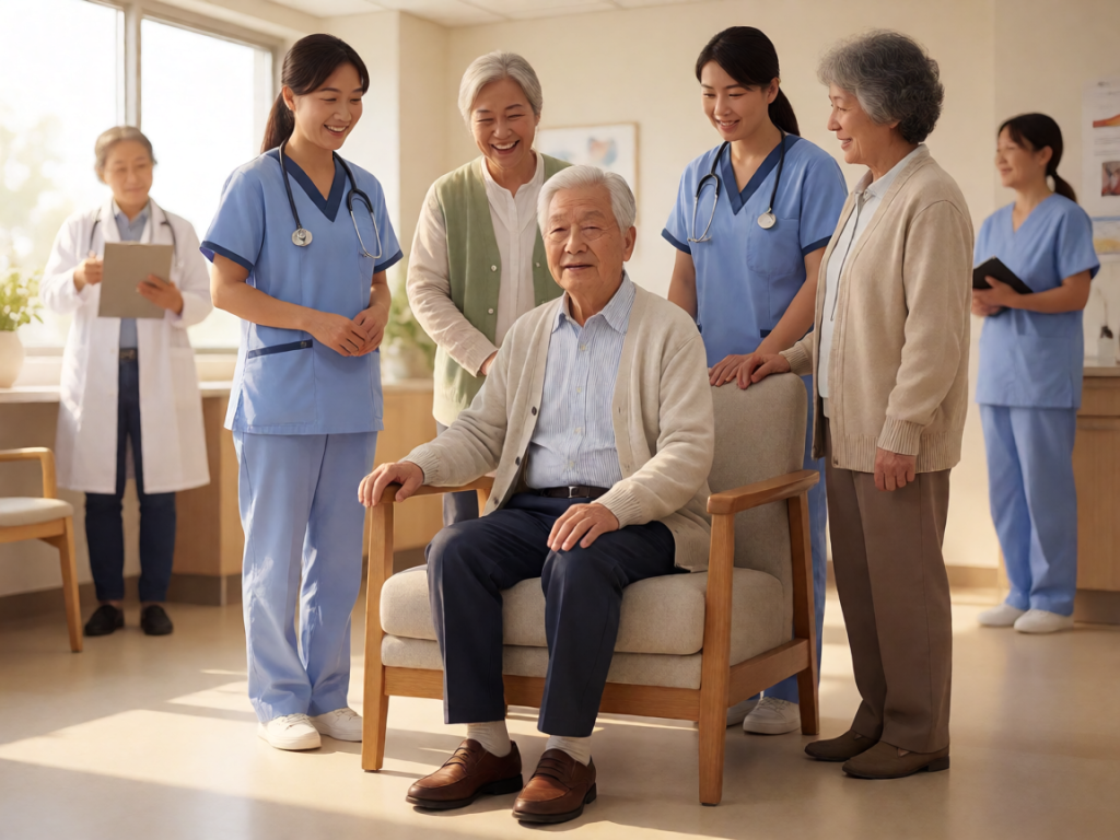 Senior health guide about Village and Community - medical illustration