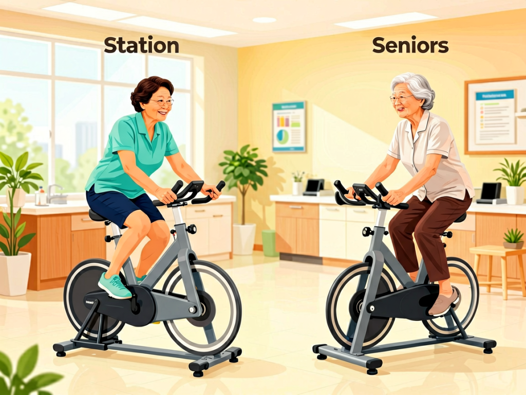 Senior health guide about Cycling and Stationary - medical illustration