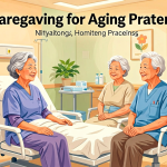 Senior health guide about Caregiving for Aging - medical illustration
