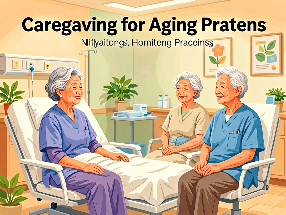 Senior health guide about Caregiving for Aging - medical illustration