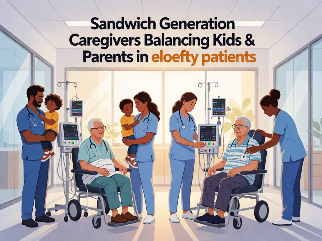 Senior health guide about Sandwich Generation Caregivers - medical illustration