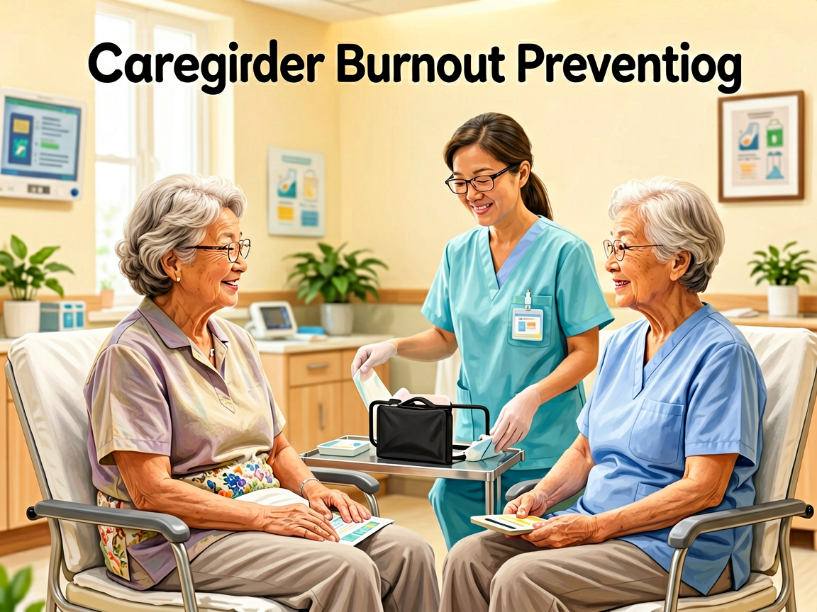 Senior health guide about Caregiver Burnout Prevention - medical illustration