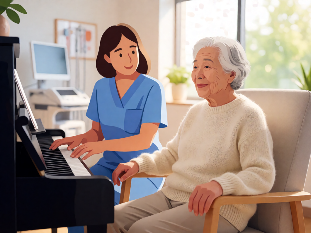 Senior health guide about Music Reminiscence Therapy - medical illustration