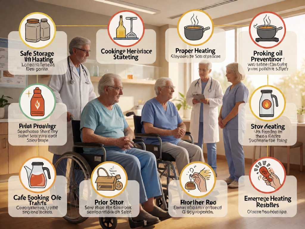 Senior health guide about Cooking Oil Fire - medical illustration