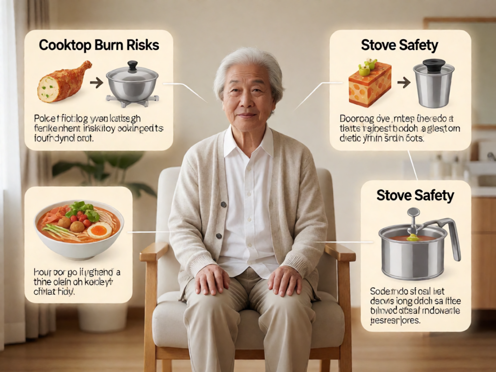 Senior health guide about Cooktop Burn Risks - medical illustration