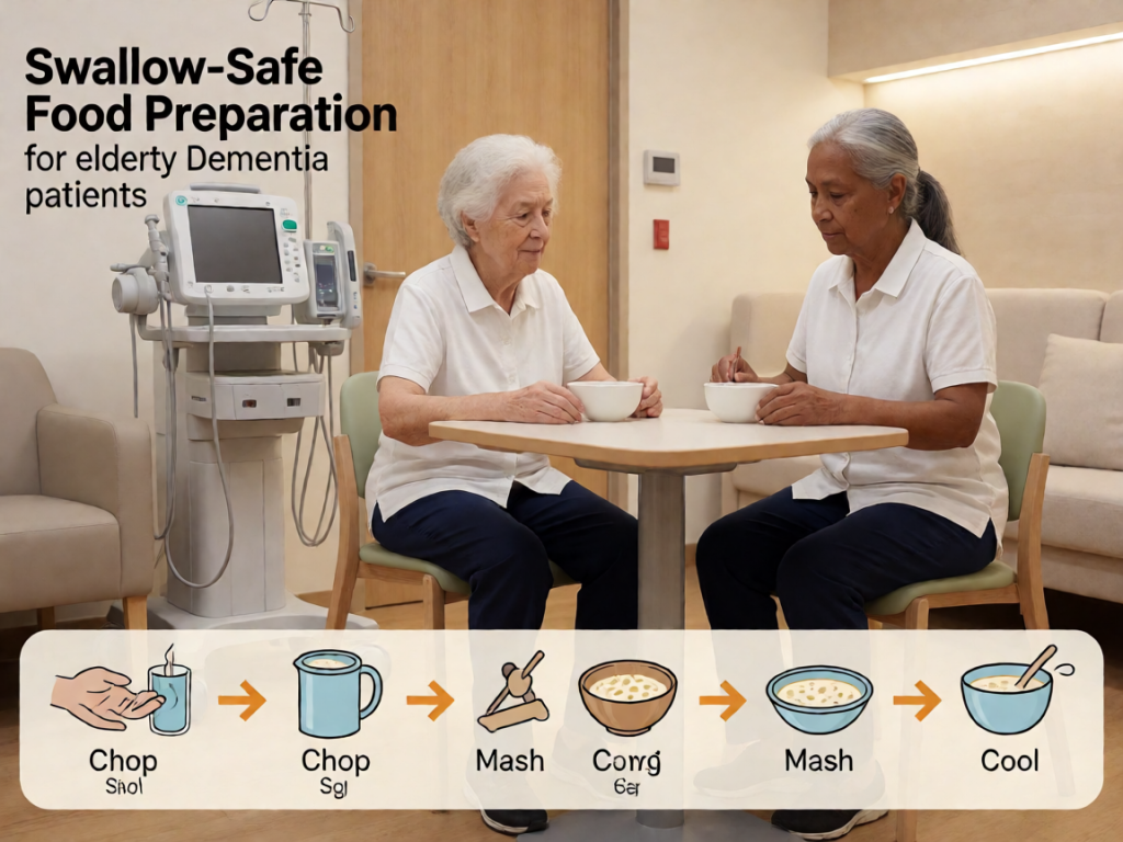 Senior health guide about Swallow-Safe Food Preparation - medical illustration
