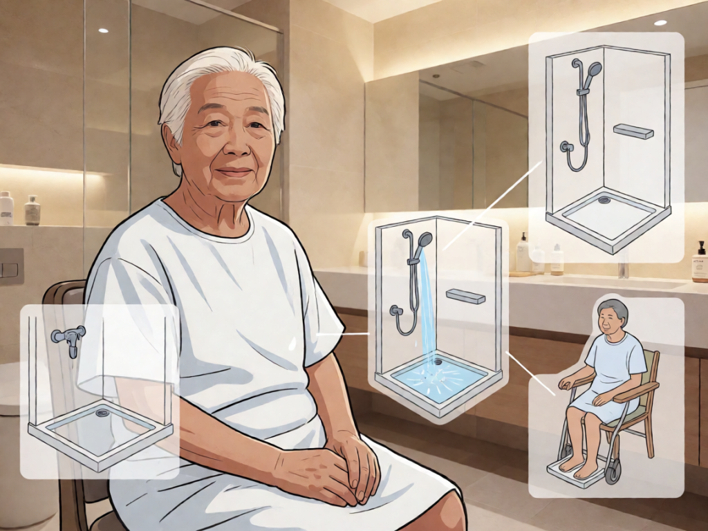 Senior health guide about Zero-Threshold Shower Bases - medical illustration